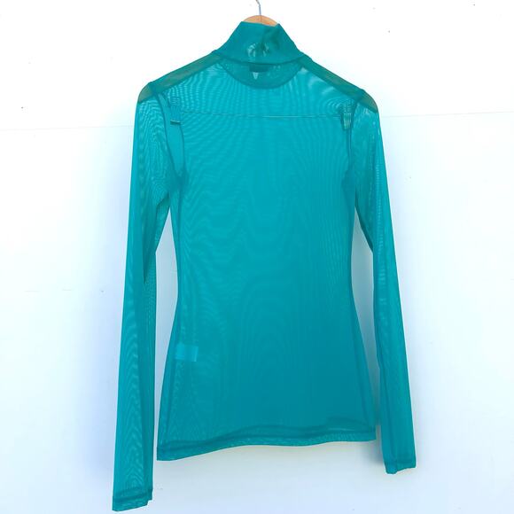 Amir Taghi Sheer Mesh Long Sleeve Top Teal Mock Neck Turquoise Medium Shirt - Picture 5 of 9